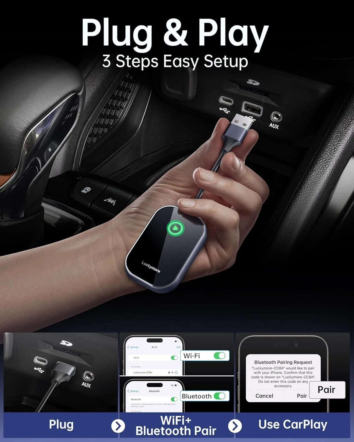 Luckymore Wireless Carplay Adapter, Converts Wired to Wireless Carplay - Grey