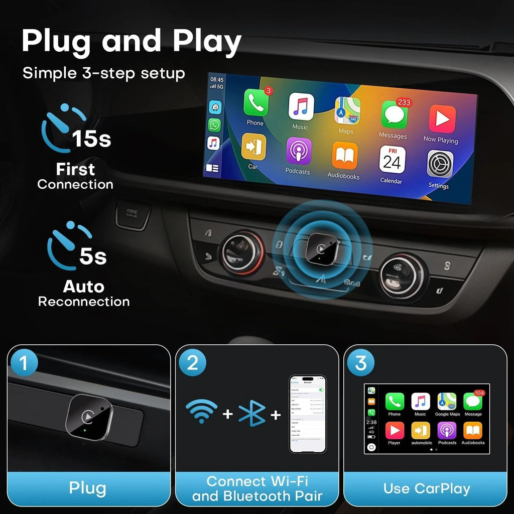 2-in-1 Wireless CarPlay & Android Auto Adapter, Plug & Play CarPlay Dongle Black