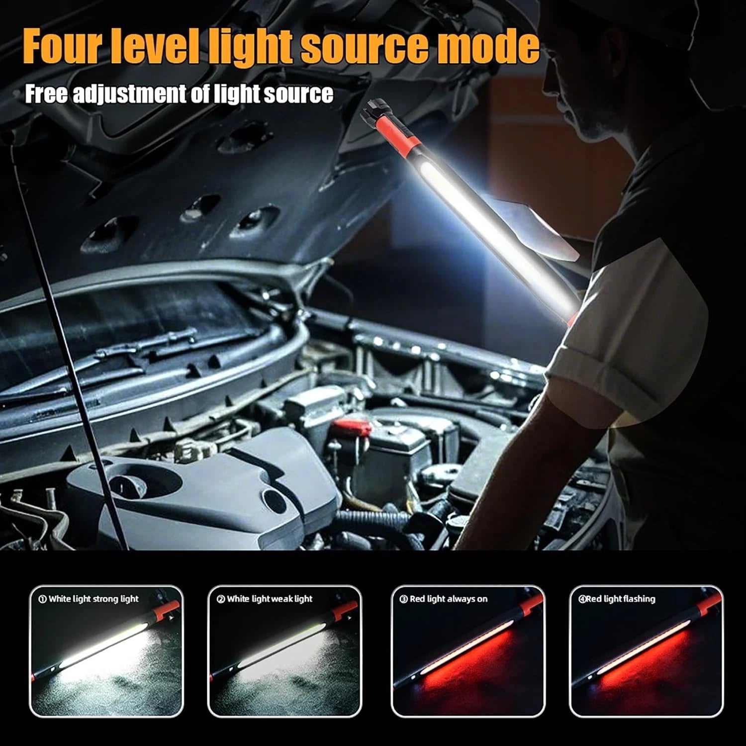 Under Hood Work Light Bar LED Magnetic Light with Hooks Cordless Rechargeable