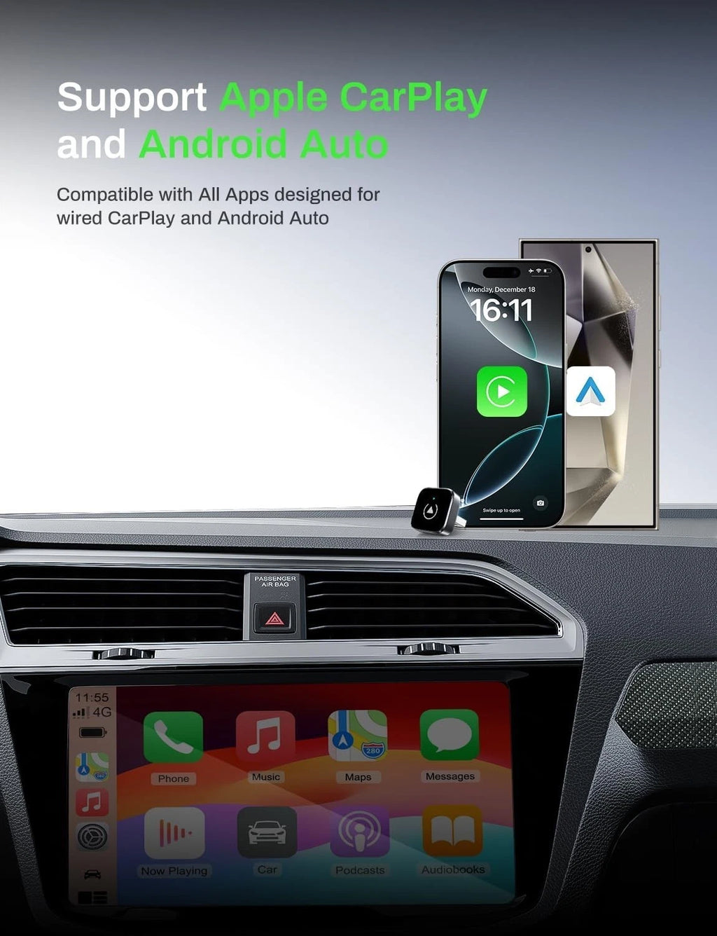 2-in-1 Wireless CarPlay Adapter 2026 Support Apple CarPlay & Android Auto