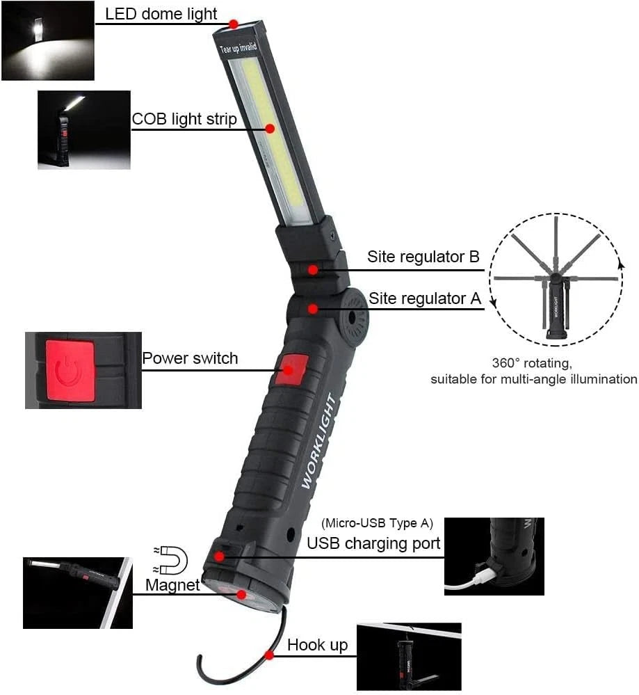 2Pack LED Work Lights, USB Rechargeable COB Light with Magnetic Base 360°Rotate
