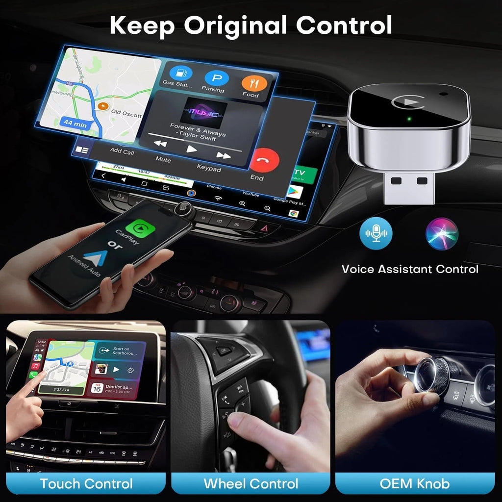 2-in-1 Wireless CarPlay & Android Auto Adapter, Plug & Play CarPlay Dongle Black