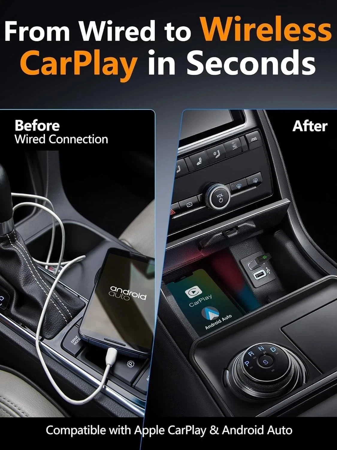 2-in-1 Mini Wireless CarPlay Adapter for Apple CarPlay & Android