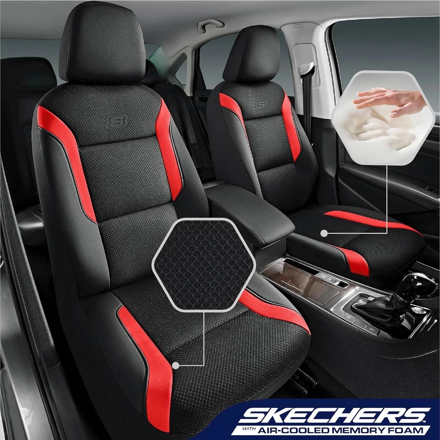 Skechers Memory Foam Car Seat Covers Two Front, Black and Red